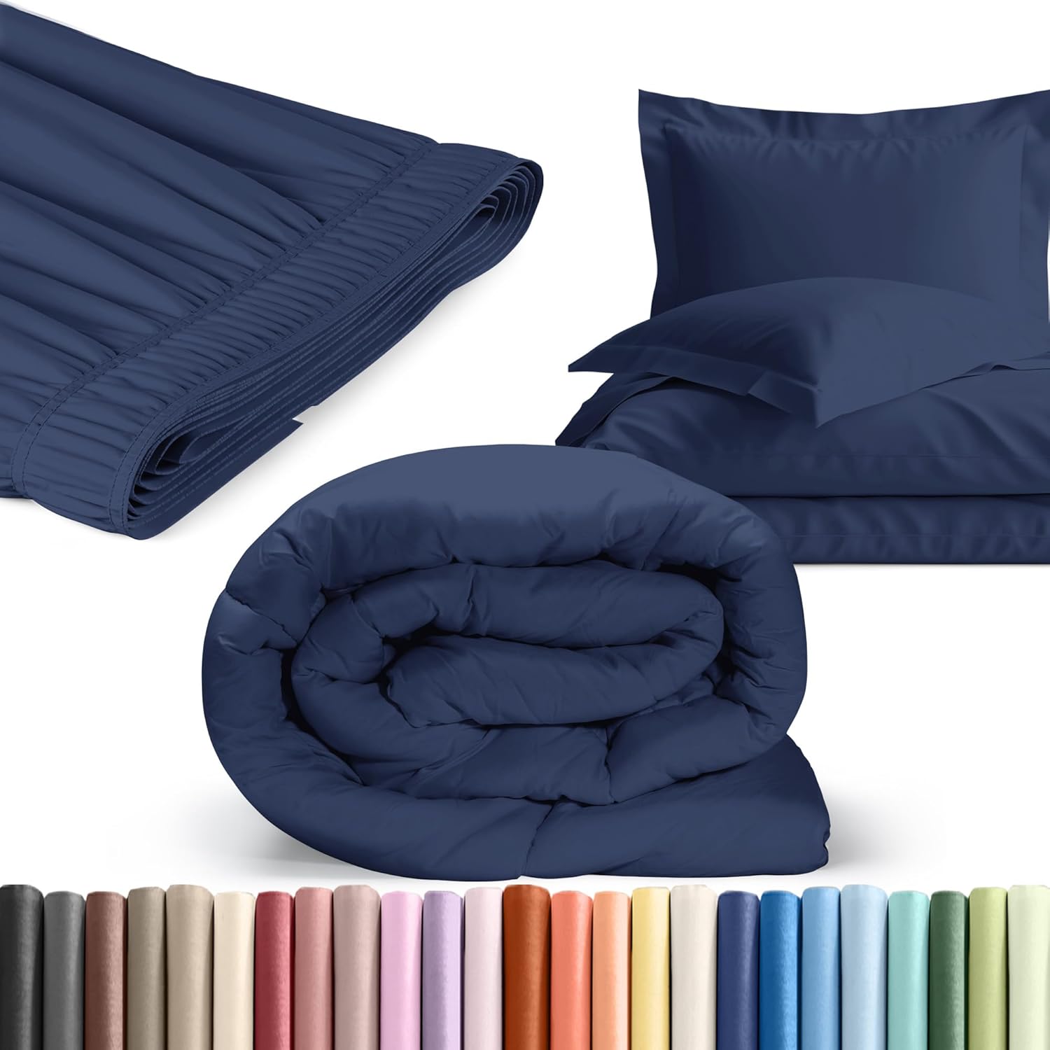 Wrap Around Dust Ruffle Bed Skirt & Comforter + Duvet Cover Bundle - Navy Blue - for Full Size Beds w/ 21 Inch Drop - Elastic Strap - Adjustable Pleated Bedskirt Fabric - for Women, Men, Kids & Teens