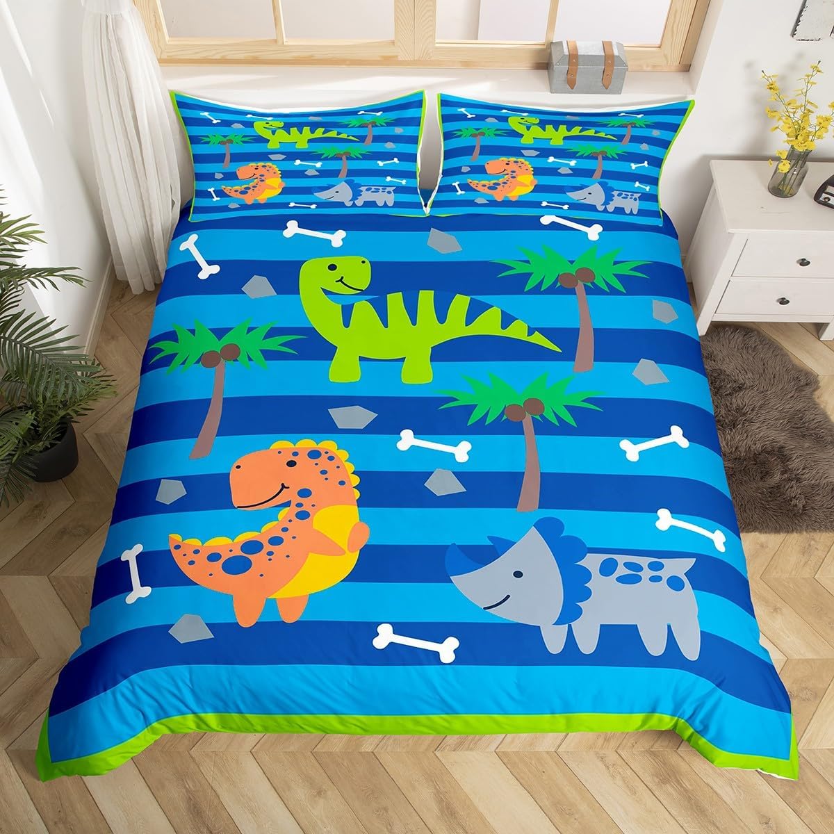 Kawaii Dinosaur Duvet Cover Queen Size,Animals Bones Comforter Cover with 2 Pillowcase for Teens Adults,Kids Palm Leaves Bedding Set,Cute Dinosaur Breathable 3 Pcs Decorative Bed Cover(No Comforter)
