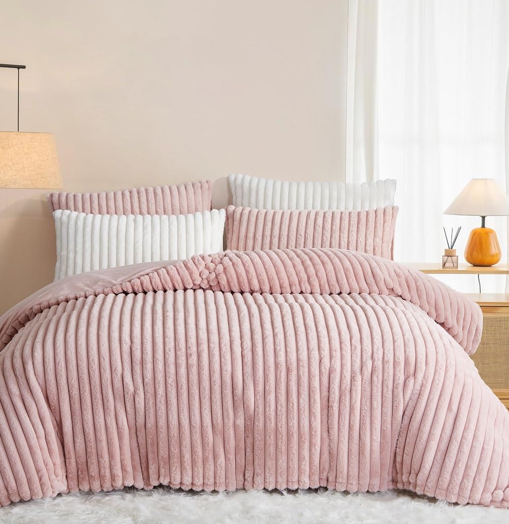Winter Plüsch Bettwäsche 200x220 Rosa Warme Flauschig Flanell Kunstfell