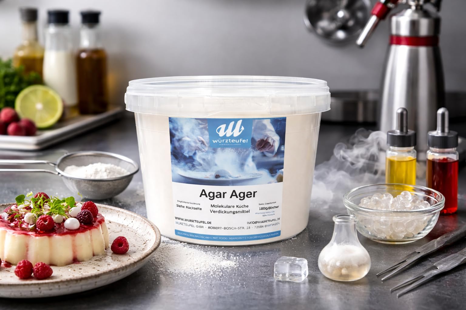 Agar Agar, gélatine végétale, gélifiant végétalien E406, poudre fine, seau en polyéthylène 1800 g (1,8 kg)
