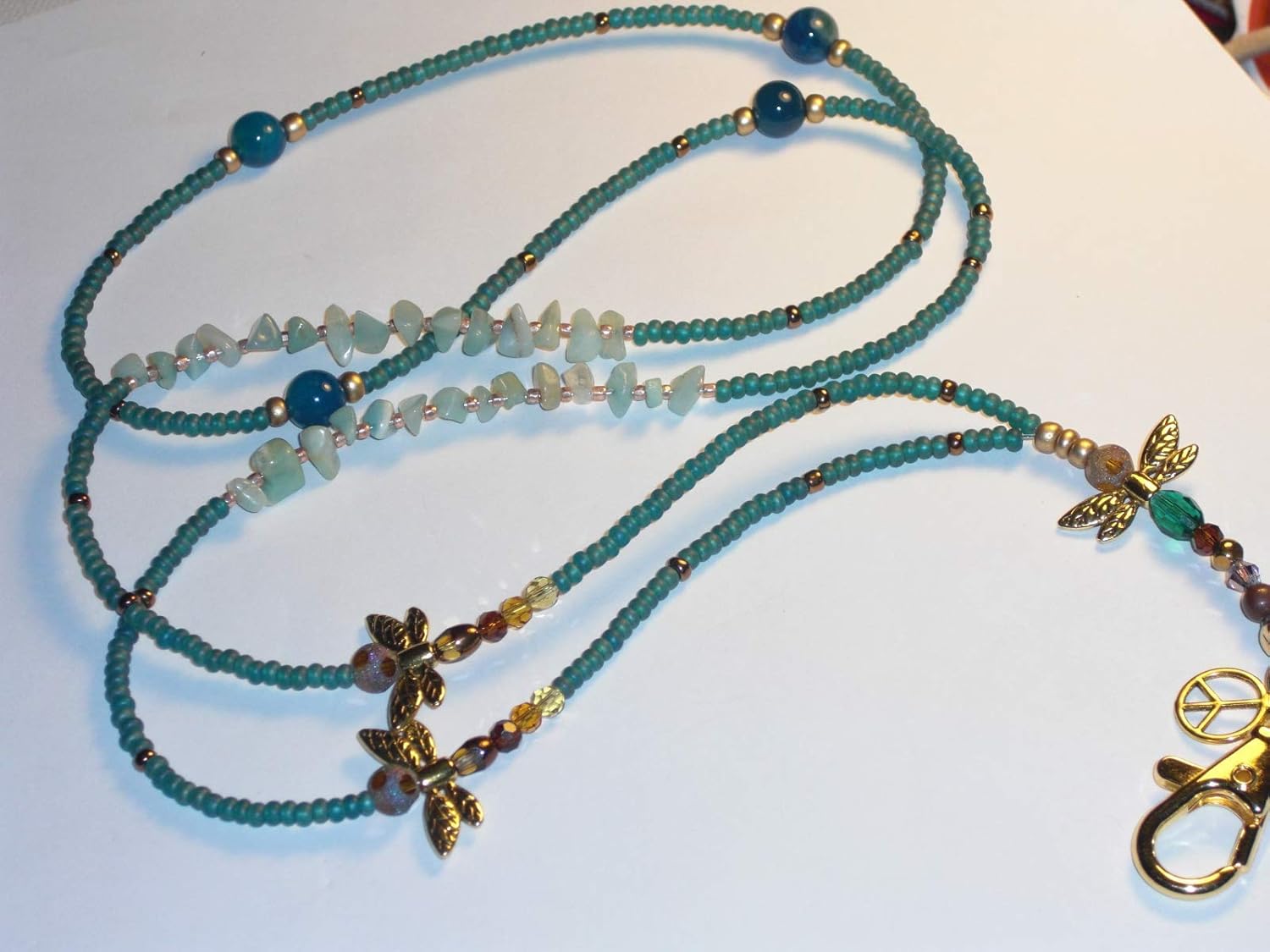 Dragonfly Lanyard Blue Hand Beaded ID Badge Holder Key Chain Necklace 36 inches