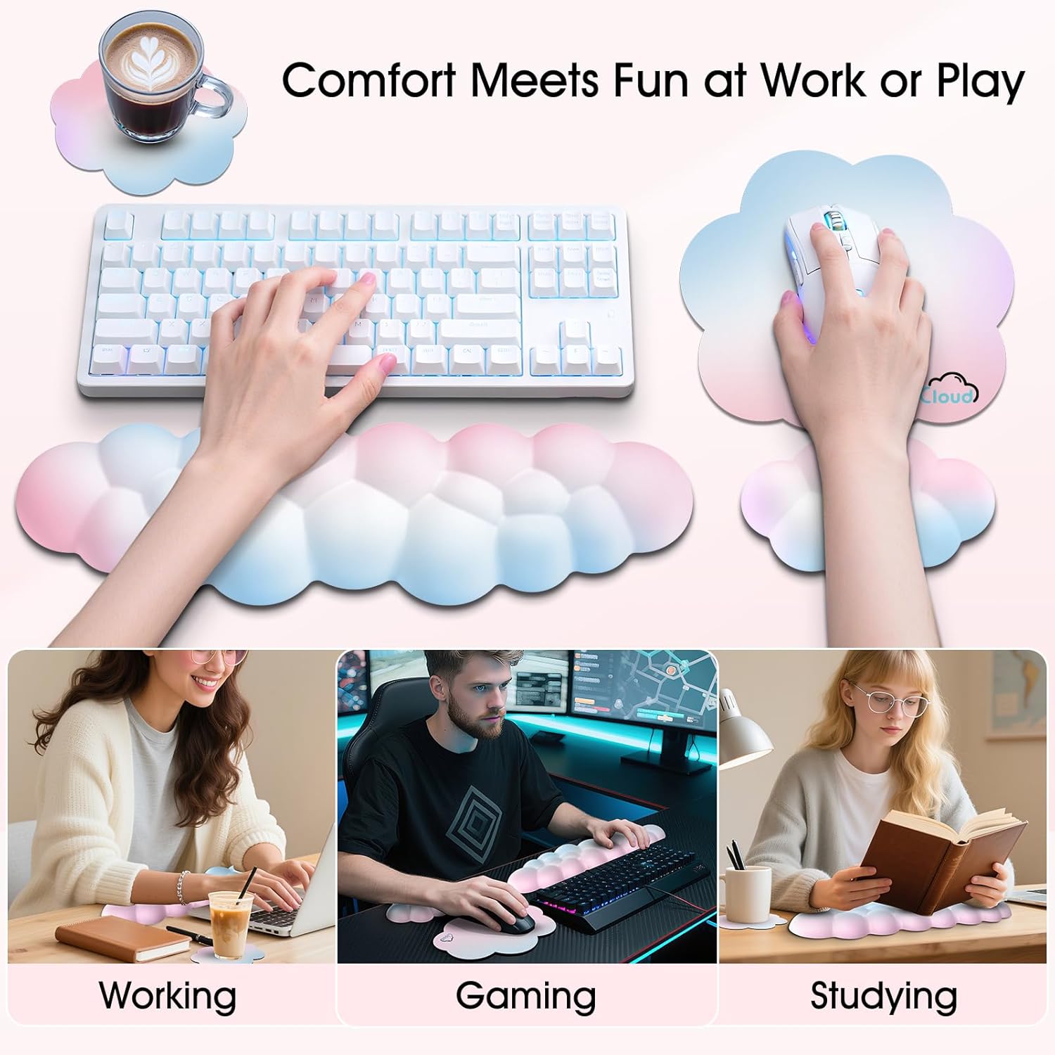 Sushret Cloud Wrist Rest for Computer Keyboard, 4-in-1 Memory Foam Leather Cloud Keyboard Wrist Rest and Mouse Pad Set with Ergonomic Support for Arm and Palm Cushion, Gaming/Work Setup, Rainbow