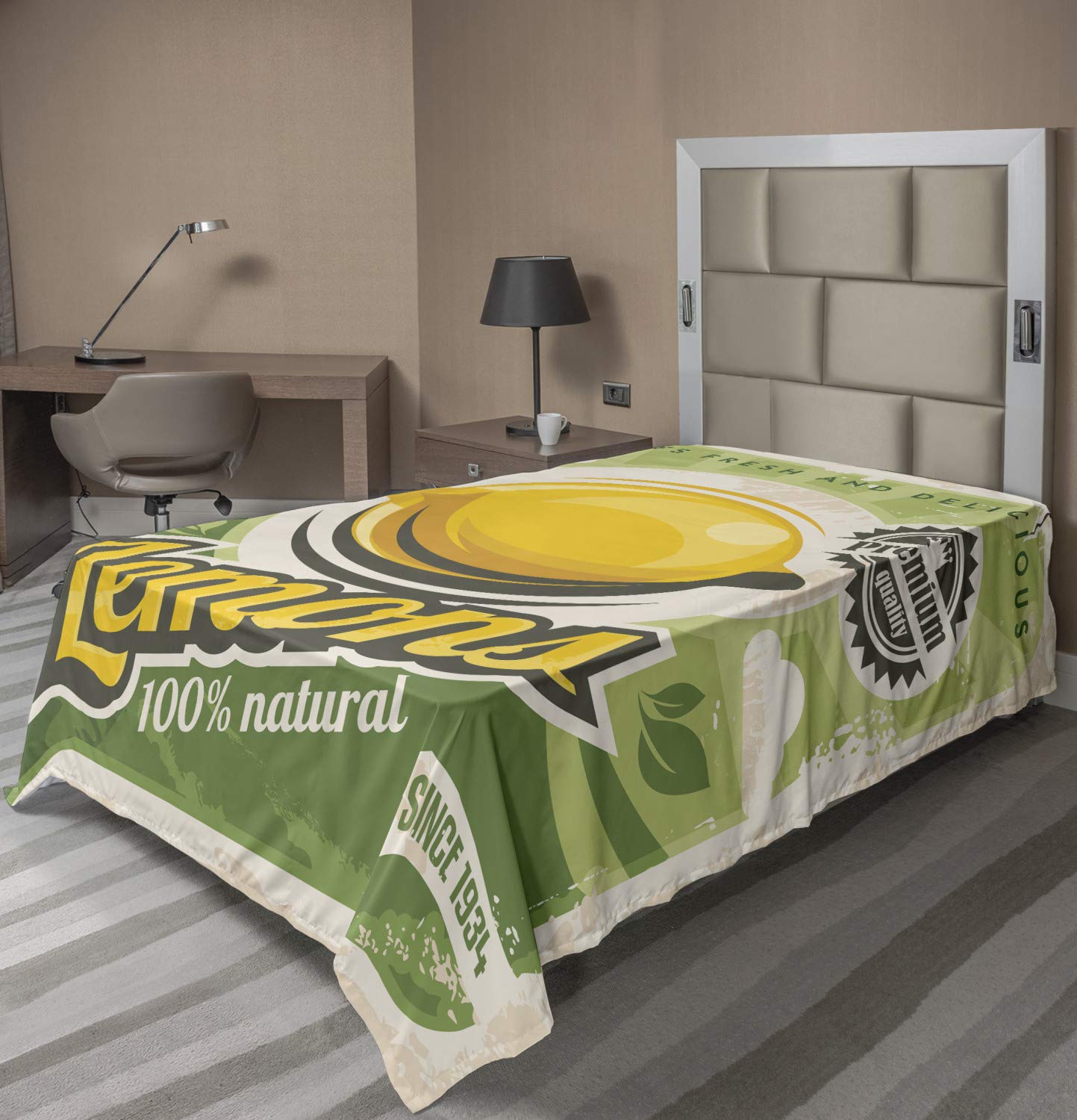 Lunarable Vintage Flat Sheet, Lemon Shop Advertisement with Foliage and Farmland Background, Soft Comfortable Top Sheet Decorative Bedding 1 Piece, Twin Size, Yellow Green Dark Taupe