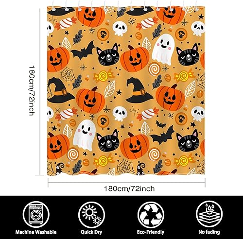 Miniatura 5 de Mocsicka Bonita cortina de ducha de Halloween de 72 x 72 pulgadas, cortina de ducha naranja de dibujos animados de gato y fantasma, cortina de ducha