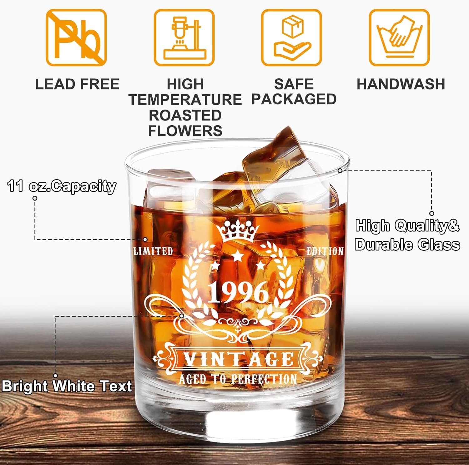 YeohJoy 30th Birthday Gifts for Men,Vintage 1996 Whiskey Glass Set,Wood Box & Whiskey Stones & 1996 Poster Anniversary Card & Coaster,Birthday Gifts Ideas for Him,Husband,Dad - Image 3