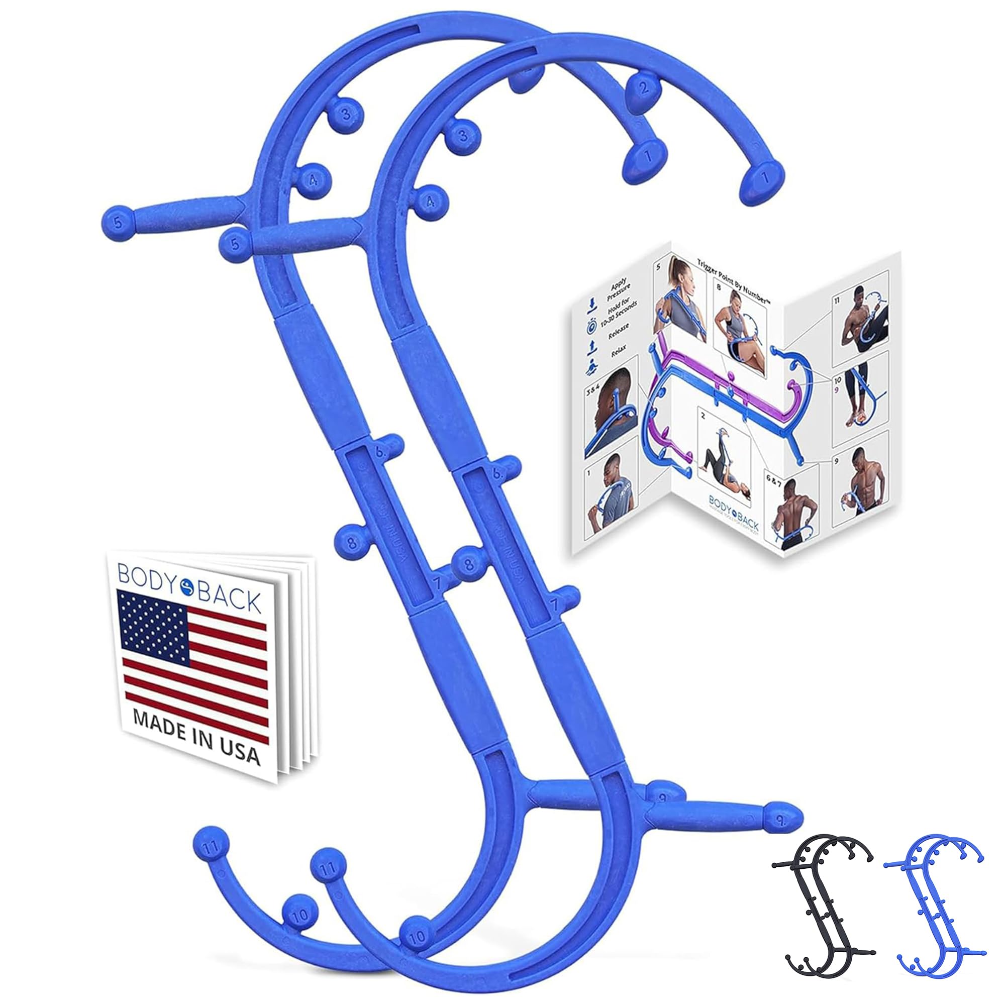 Body Back Buddy Elite Trigger Point Massage Tool, Neck and Back Massager Handheld, Manual Self Massager, Massage Cane, Muscle Knot Remover with Instructions, 2-Pack Bundle (Blue)