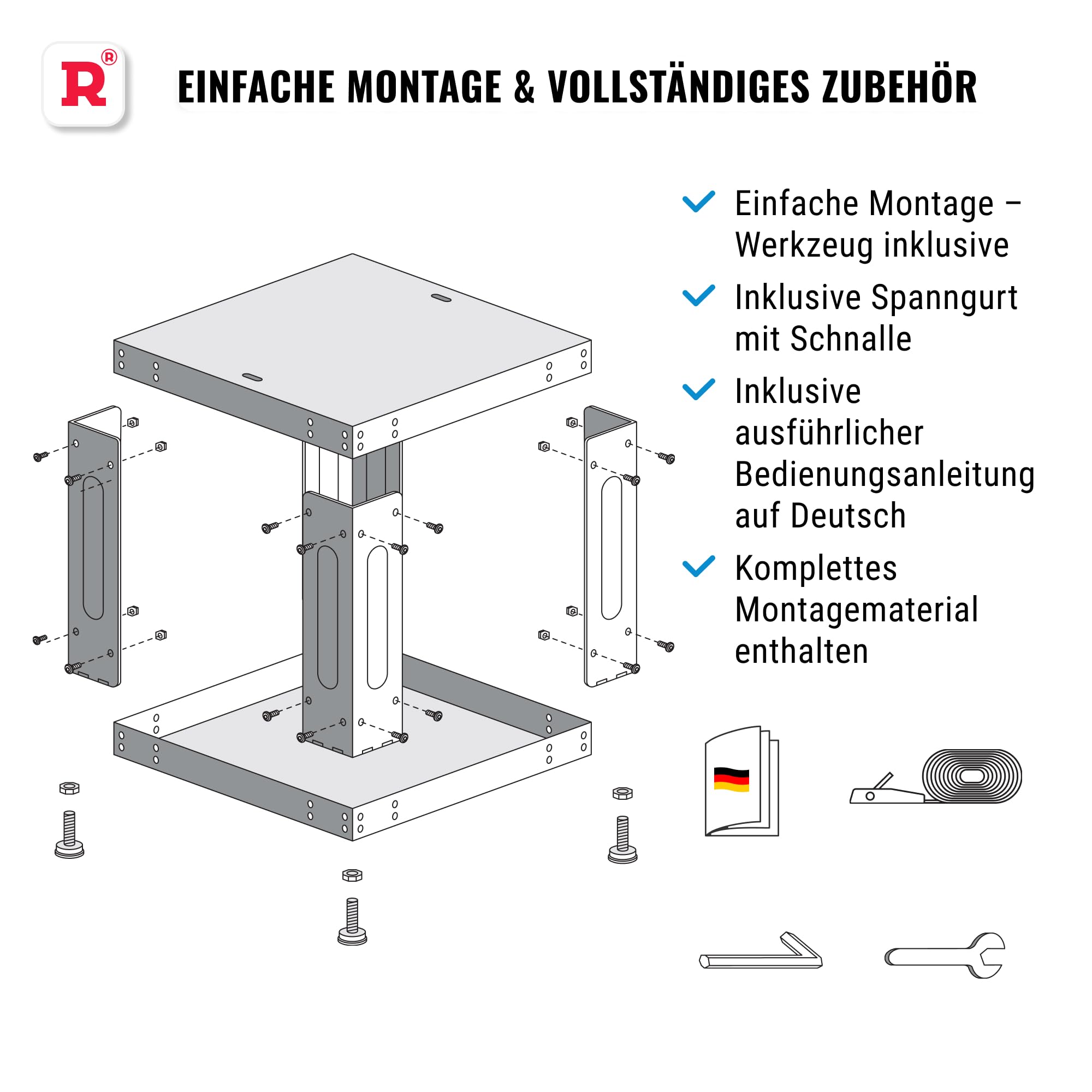 ROLLER Kappatos Waschmaschinen-Untergestell 50 cm mit Regal, Weiß | Stabiles Podest, bis 300 kg, verzinkter Stahl, höhenverstellbare Füße, inkl. Spanngurt