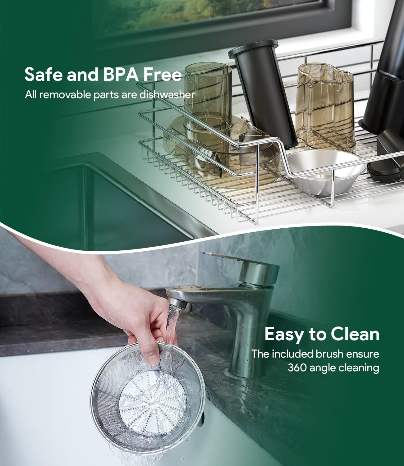 Images showing juicer parts on a drying rack and a hand cleaning the strainer under running water