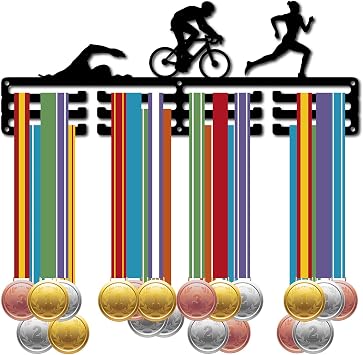 CREATCABIN Triathlon Medal Hanger Display Sports Medal Holder Iron Swim Bike Run Competition Wall Hanging Rack Frame Hook Display for Runner Swimmer Athlete Gift Over 60+ Medals 15.7 x 5.9 Inch