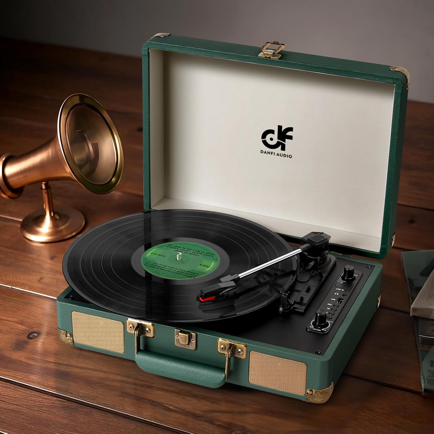 Bluetooth Record Player, 3-Speed Portable Suitcase Turntable with Built-in Speakers, USB Recording to MP3, RCA Line Out, AUX Input, Headphone Jack, Dark Green