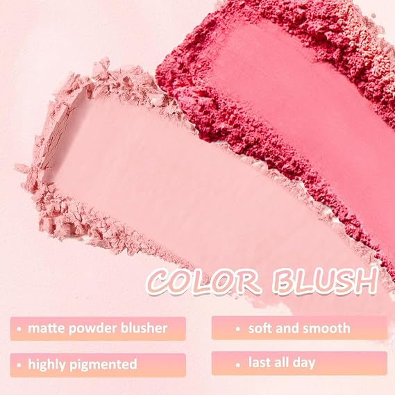 Blushers for cheeks make up, Rose-Shaped Pink Powder Blush Set, 2 Shades with Makeup Brush, Matte Natural Long-Lasting, Smudge-proof & Sweat-Resistant Blush Palette for Women