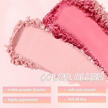 Blushers for cheeks make up, Rose-Shaped Pink Powder Blush Set, 2 Shades with Makeup Brush, Matte Natural Long-Lasting, Smudge-proof & Sweat-Resistant Blush Palette for Women
