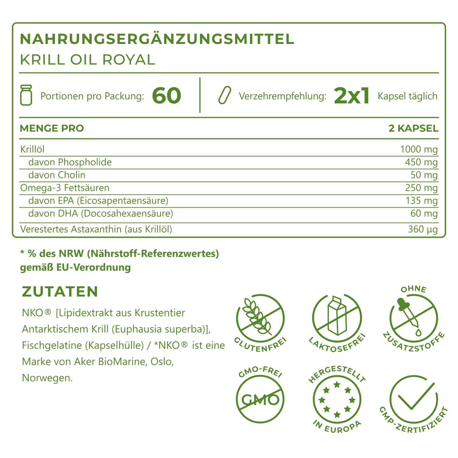 Omega 3 Kapseln Hochdosiert aus Krill Öl mit DHA + EPA + Astaxanthin (60 Stk), Krill aus nachhaltigem Wildfang, Krill Öl Hochdosiert, Krillöl Royal Vitality Nutritionals by VitaminExpress