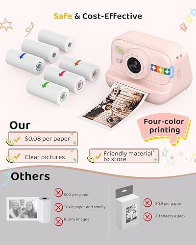 Miniatura 8 de Cámara de impresión instantánea a color para niños - Cámara para niños con papel fotográfico de 5 colores, video de 48 MP y 1080P, 21 marcos