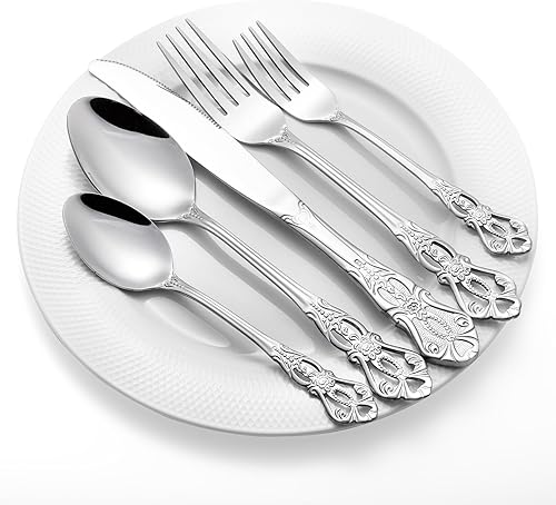 Miniatura 3 de Juego de cubiertos retro Royal de 40 piezas para 8, juego de cubiertos de acero inoxidable, apto para lavavajillas, incluye tenedores, cucharas y