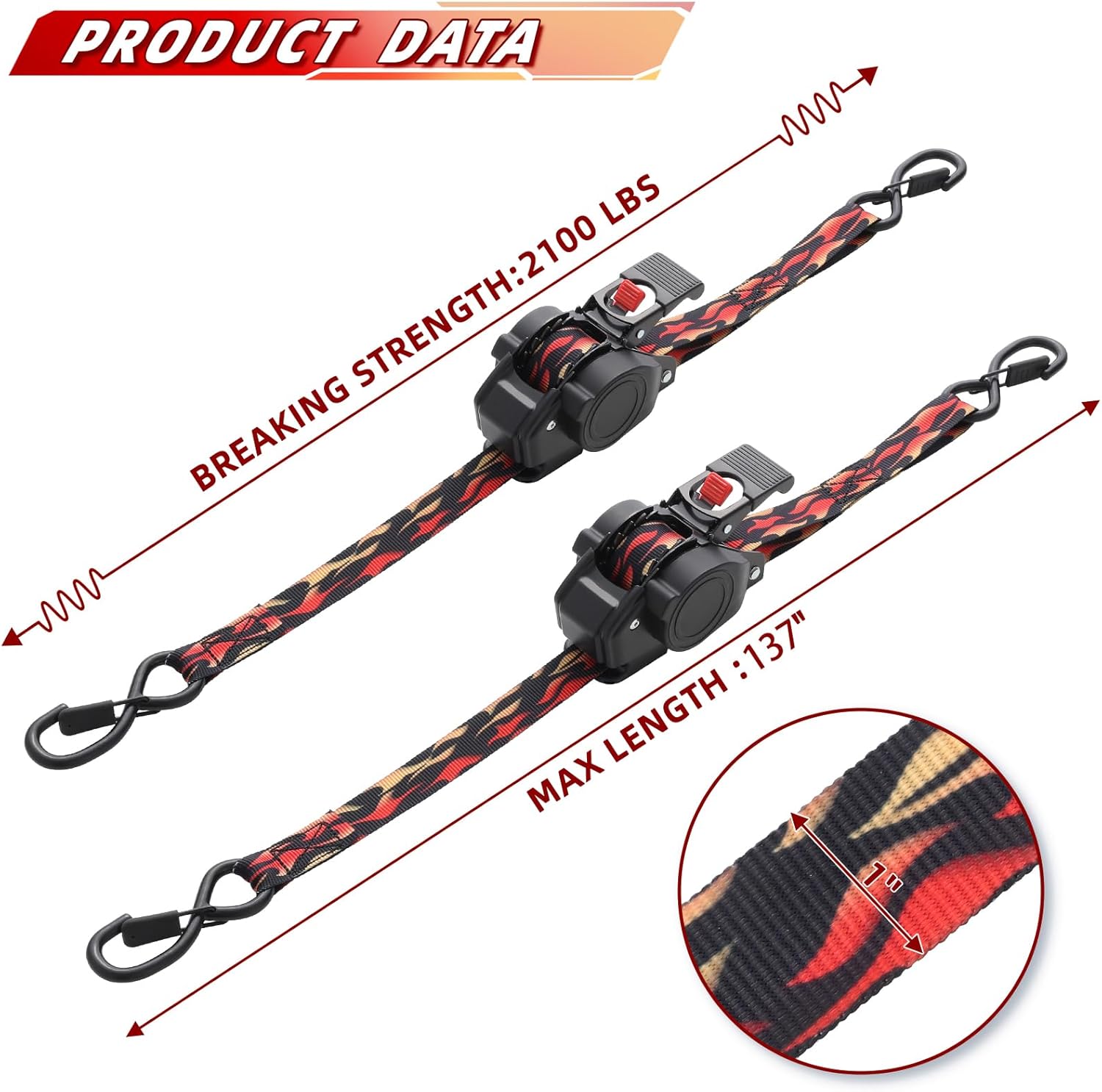 ANLULOAD Retractable Ratchet Strap,Retractable Tie Down Strap for Motorcycles, Boats,Atvs,Utvs. (1In*11.5Ft)