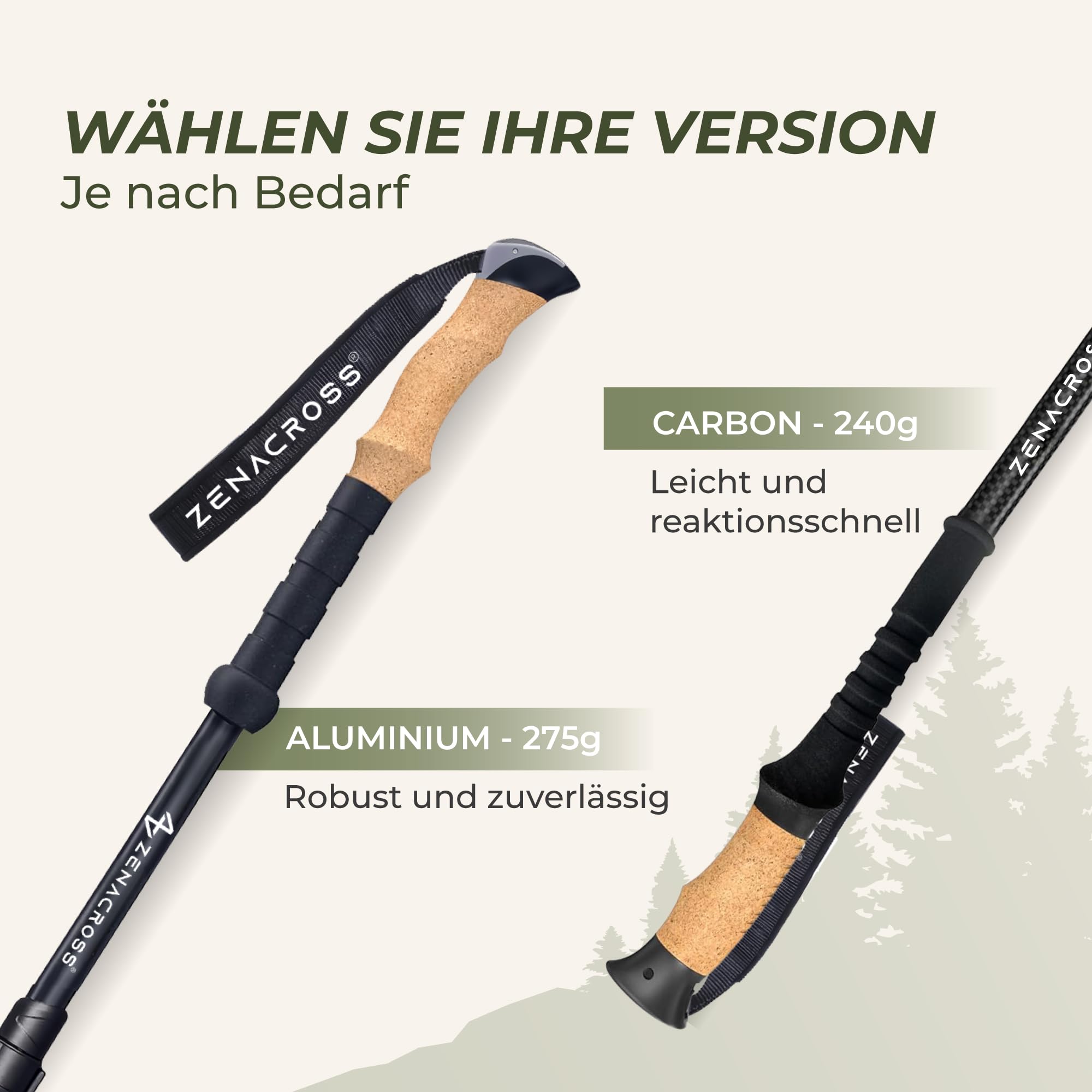 Wanderstöcke Teleskop [Carbon oder Aluminium] - Nordic Walking Stöcke Damen/Herren Ultraleichte - Trekkingstöcke Einstellbar mit Natürlich Kork Griff