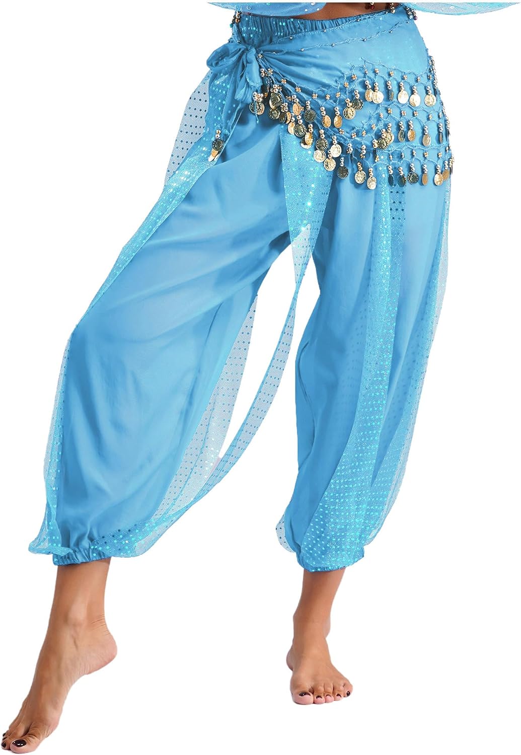 Alvivi Women's Sparkly Belly Dance Harem Pants High Waist Split Overlay Bloomers with Beaded Hip Scarf