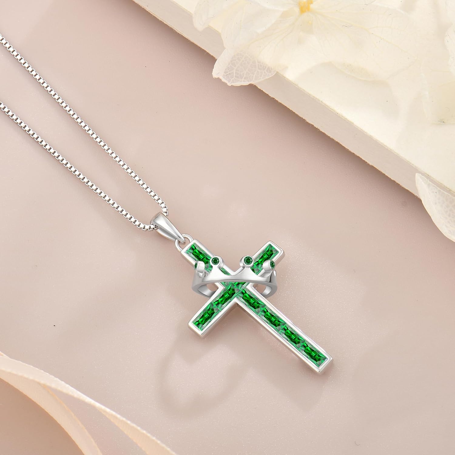 Gemstone Crown Cross Necklaces for Women, 925 Sterling Silver Rectangular cut Zircon Pendant With Rotated Crown Faith Cross Jewelry Gift - Image 6