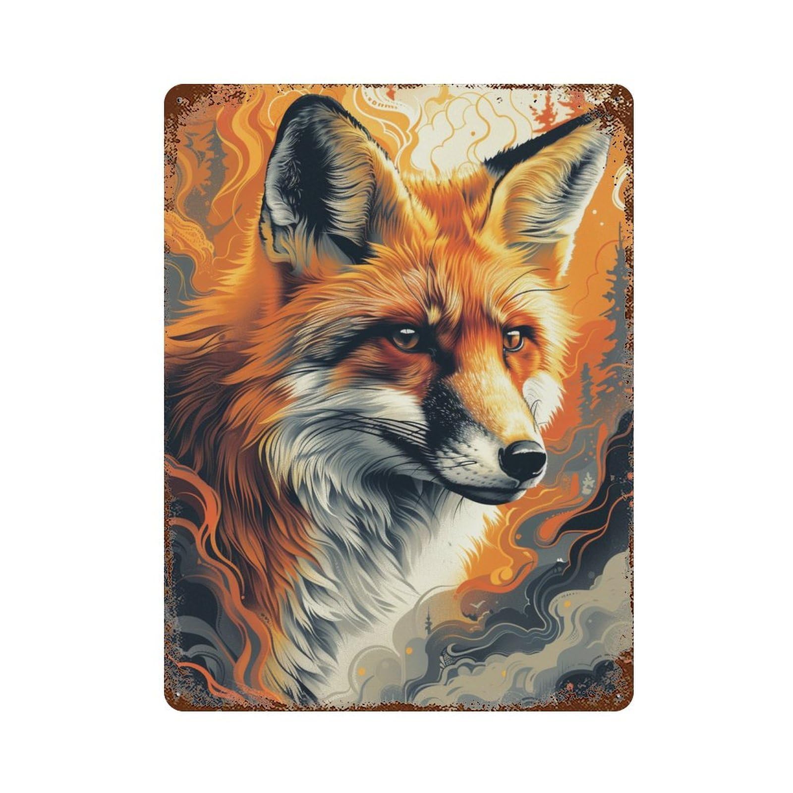Fox in Flames Art Print 15.7"x11.8" Weathered Tin Sign, Shabby Chic Decor for Farmhouse, Kitchen And Entryway Decor