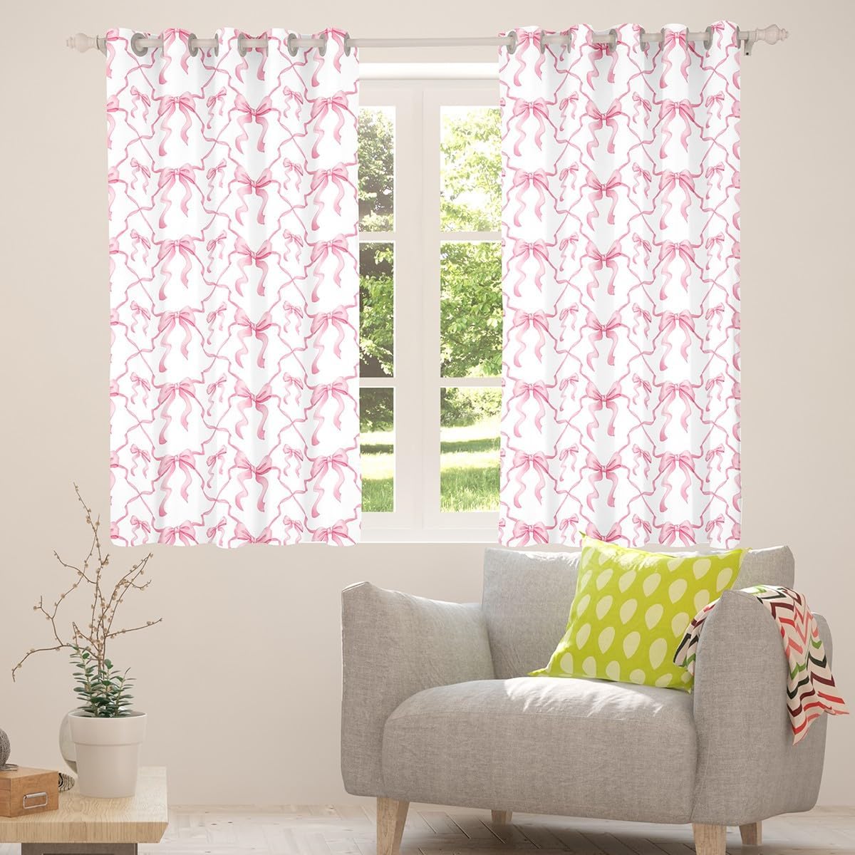 Erosebridal Pink Bow Room Darkening Blackout Curtains for Kids Teen Women,Cute Ribbon Bowknot 38" Wx45 L Curtains & Drapes for Girls Kawaii Watercolor Bow Window Curtains,Pink White Window Treatments