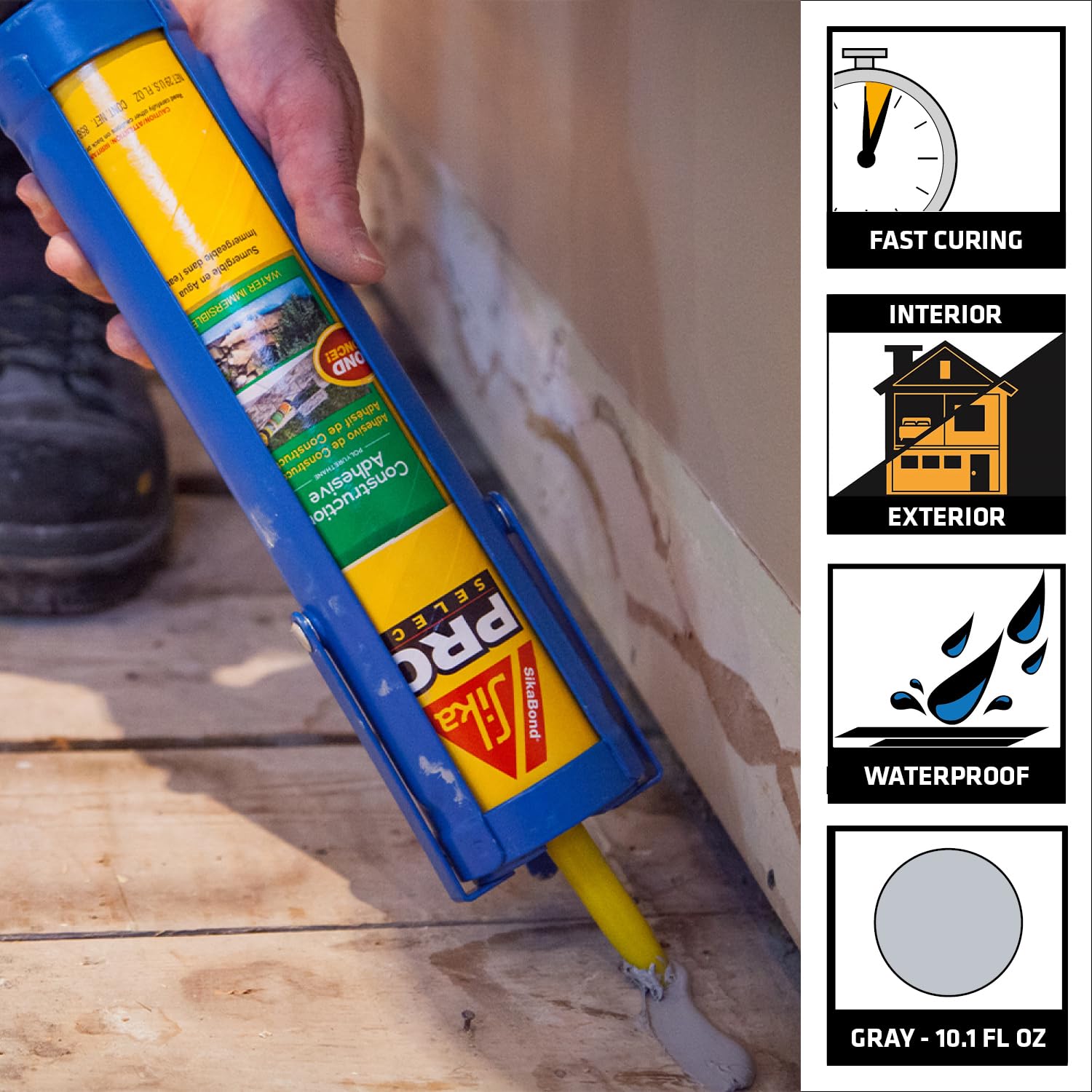 Sika SikaBond Construction Adhesive - Advanced polyurethane caulk - Gray - For outdoor surface use - Water immersible and waterproof - 10.1ml