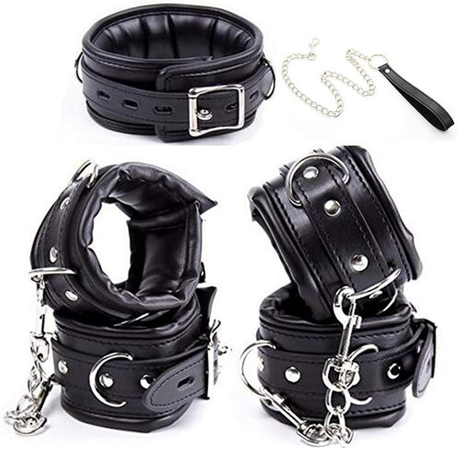 Release Wild SexCosplay Leather Padded Hands Cuffs/Ankle Cuffs/Neck Collar Leash Bondage
