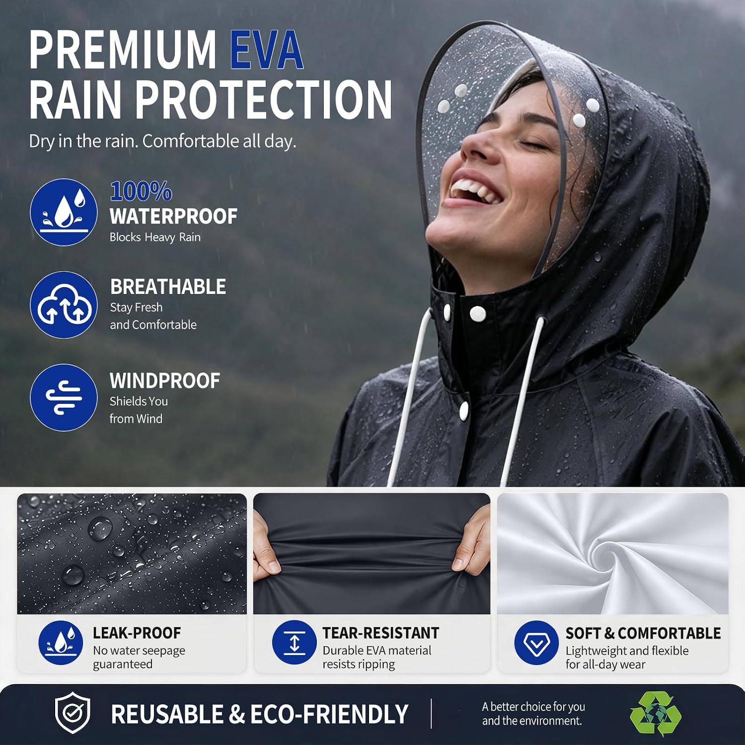Reusable EVA Raincoat for Women Waterproof Hooded Long Rain Coat Lightweight Rain Poncho for Hiking, Camping, Travel