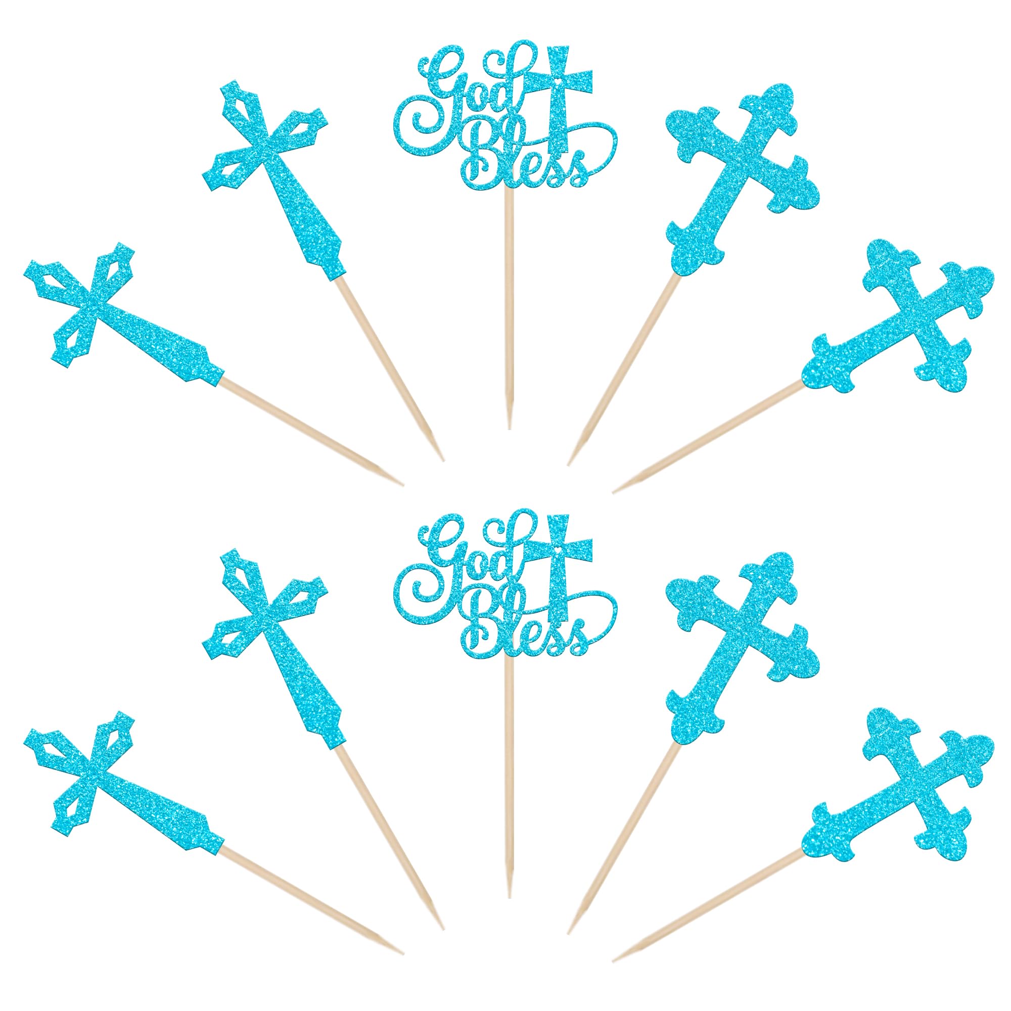 SYKYCTCY 24 Pack God Bless Cupcake Toppers Glitter Christianity Cross Cupcake Picks for Religious Baptism First Holy Communion Cake Decorations Supplies Blue - Image 3