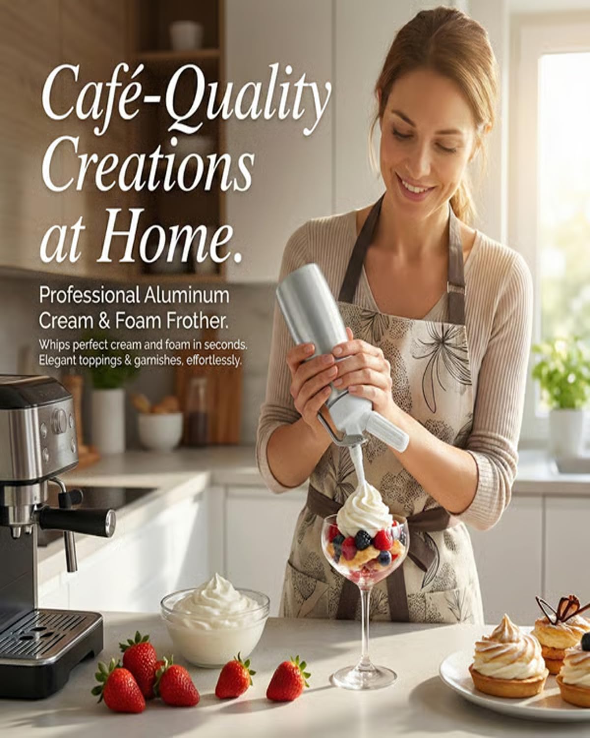 Professional Cream Frother Aluminum Whipped Cream Dispenser 500ml Canister Leak Free Gourmet Dessert Maker With Decorating Nozzles Cleaning Brush Use Standard Chargers For Cakes (Sliver)