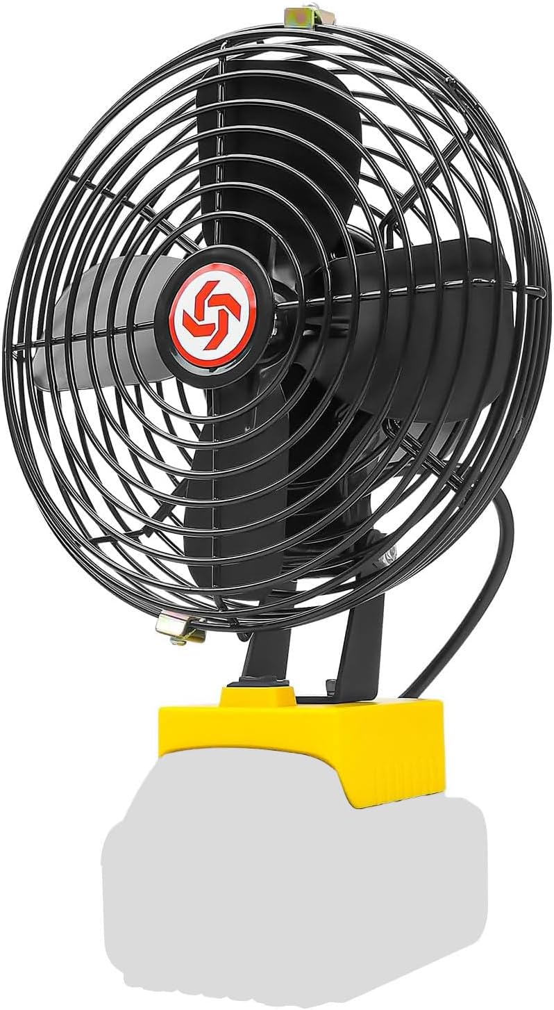 Portable Cordless Jobsite Fan Fit for dewalt Battery 20V, Camping Outdoor Portable Rechargeable Fan 17W 3500RPM Brushless Cooler 70°-170° angle adjustable with Low Voltage Protection