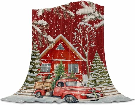 Flannel Fleece Blankets Xmas Tree Christmas Truck Soft Cozy Warm Fuzzy Throw Blanket Red Farmhouse White Snow All Seasons Use Plush Lightweight Throws for Sofa Couch Bed Travel,50x60in