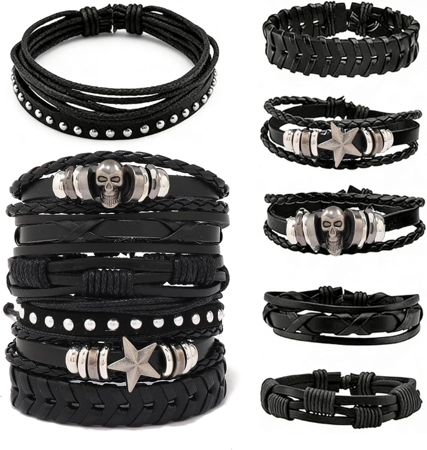 6 Pcs Punk Rock Studded Bracelet Set Adjustable Leather Cuff Wristbands Gothic Emo Alt Style Costume Accessories for Men Women