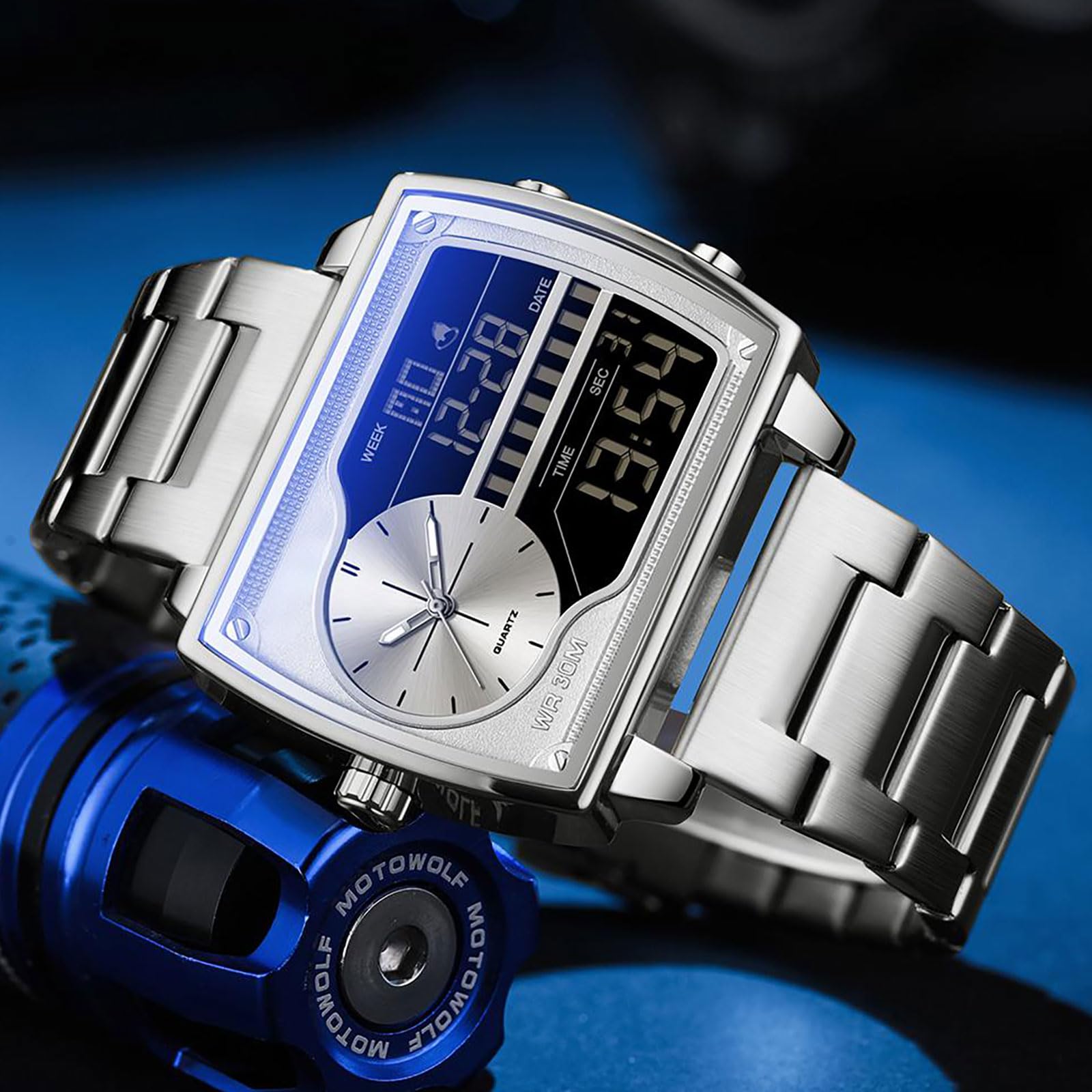 findtime Orologio da uomo rettangolare retrò lussuoso orologio da polso da uomo digitale analogico al quarzo classico business casual tre fuso orario impermeabile illuminato grande quadrante per