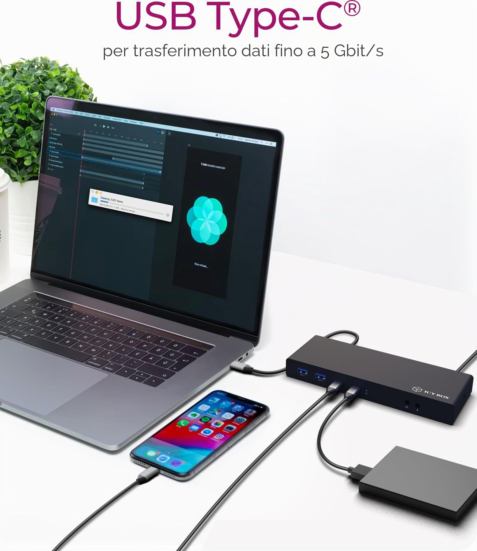 ICY BOX Docking Station USB-C (14-in-1) con 2x HDMI & 2x DP (5K 30Hz | 4K 60Hz), 6x USB 3.0 HUB, Alimentazione 65W, Gigabit Ethernet, DisplayLink, Dock Universale, IB-DK2245AC