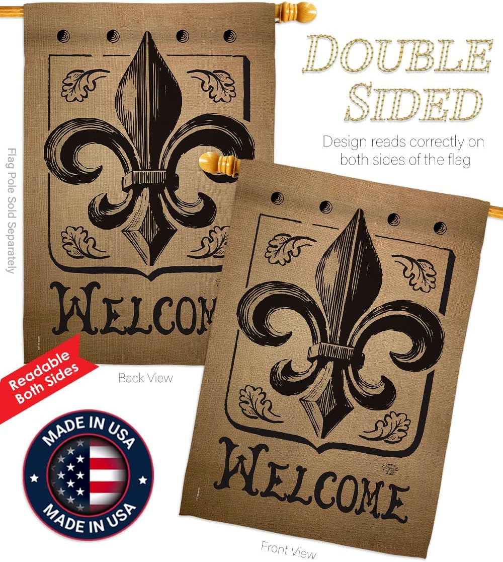 Welcome Fleur De LYS Garden House Flag - Set Country Living Vintage Flower Lily Lis French Party Mardi - Decoration Banner Small Yard Gift Double-Sided Made in USA 28 X 40