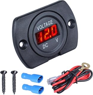 1Pc Automotive Voltmeter 12V 24V LED Display Waterproof Round Panel Voltage Gauge Compatible with Vehicle Motorcycle Truck Camper Marine (Flat Surface with Panel Cable Red LED)