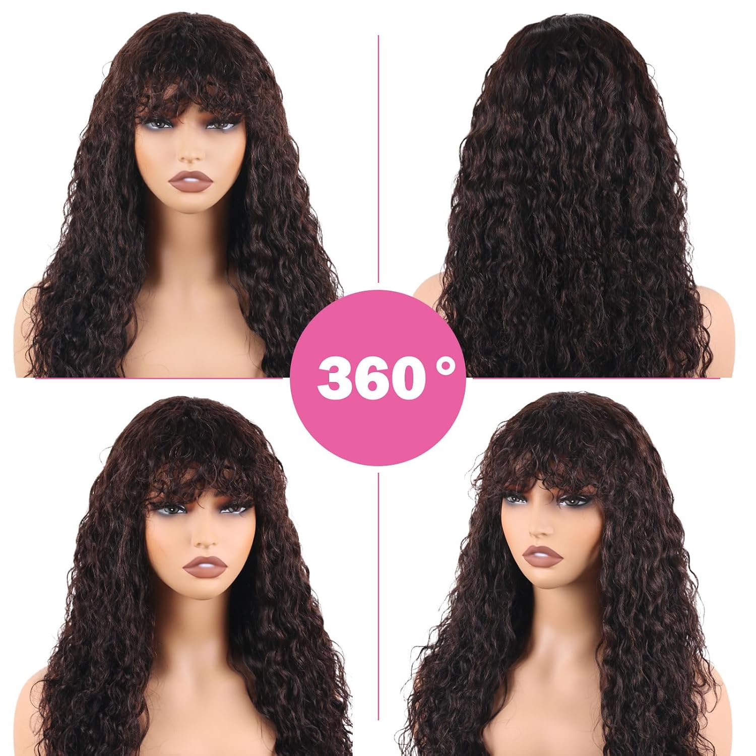 Curly Human Hair Wig with Bangs for Black Women Wet and Wavy Wigs Human Hair Glueless Wear and Go None Lace Machine Made Wigs 100% Virgin Brazilian Human Hair Remy Wig Natural 24 Inch