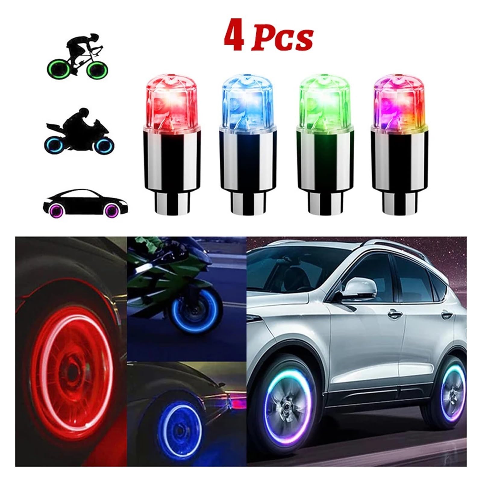4Pcs Colorful LED Wheel Lights Car Tire Valve Caps Neon Light Bulb Universal Car Motorcycle Bicycle Valve Cover Auto Exterior(4Pcs Colorful)