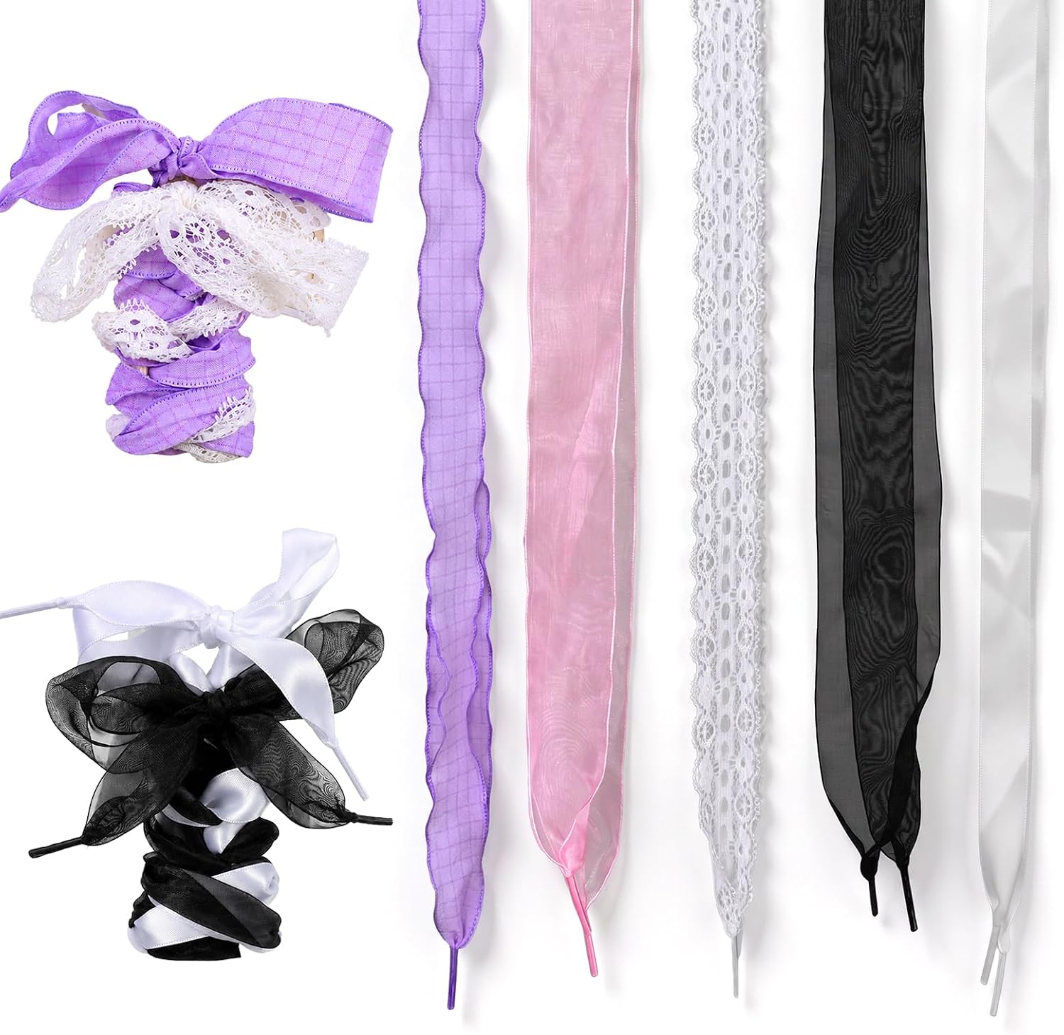 5 Pairs Shoe Laces for Sneakers, Ribbon Shoe Laces for Women 47 Inch Fancy Lace Shoestrings Soft Satin Ribbon Shoelaces for Canvas Shoes
