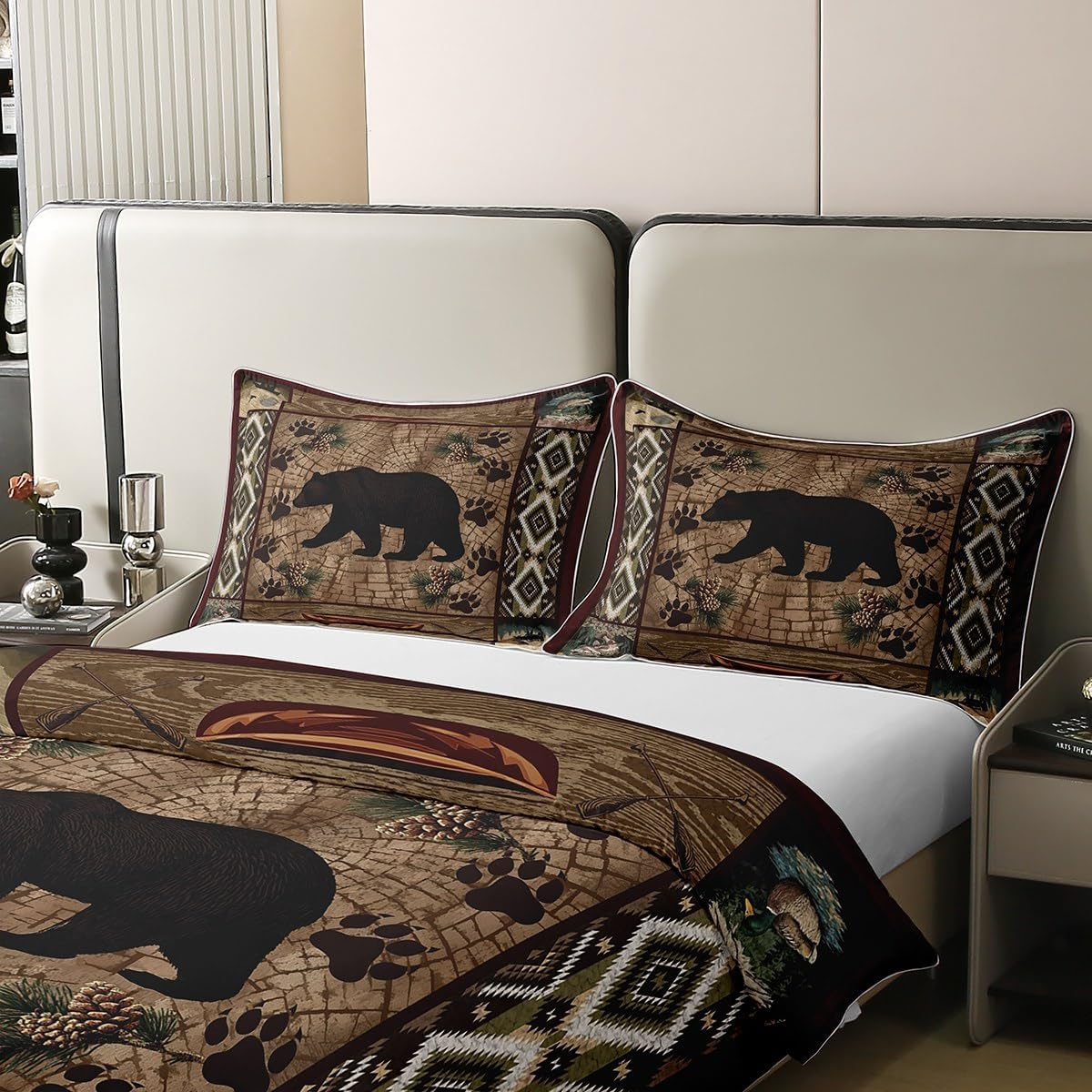 100% Natural Cotton Lodge Cabin Duvet Cover King,Wild Bear Animal Silhouette Bedding Set (Not Comforter) for Country Room Decor,Bohemian Pattern Wooden Print Bedspread Cover with Zipper Closure