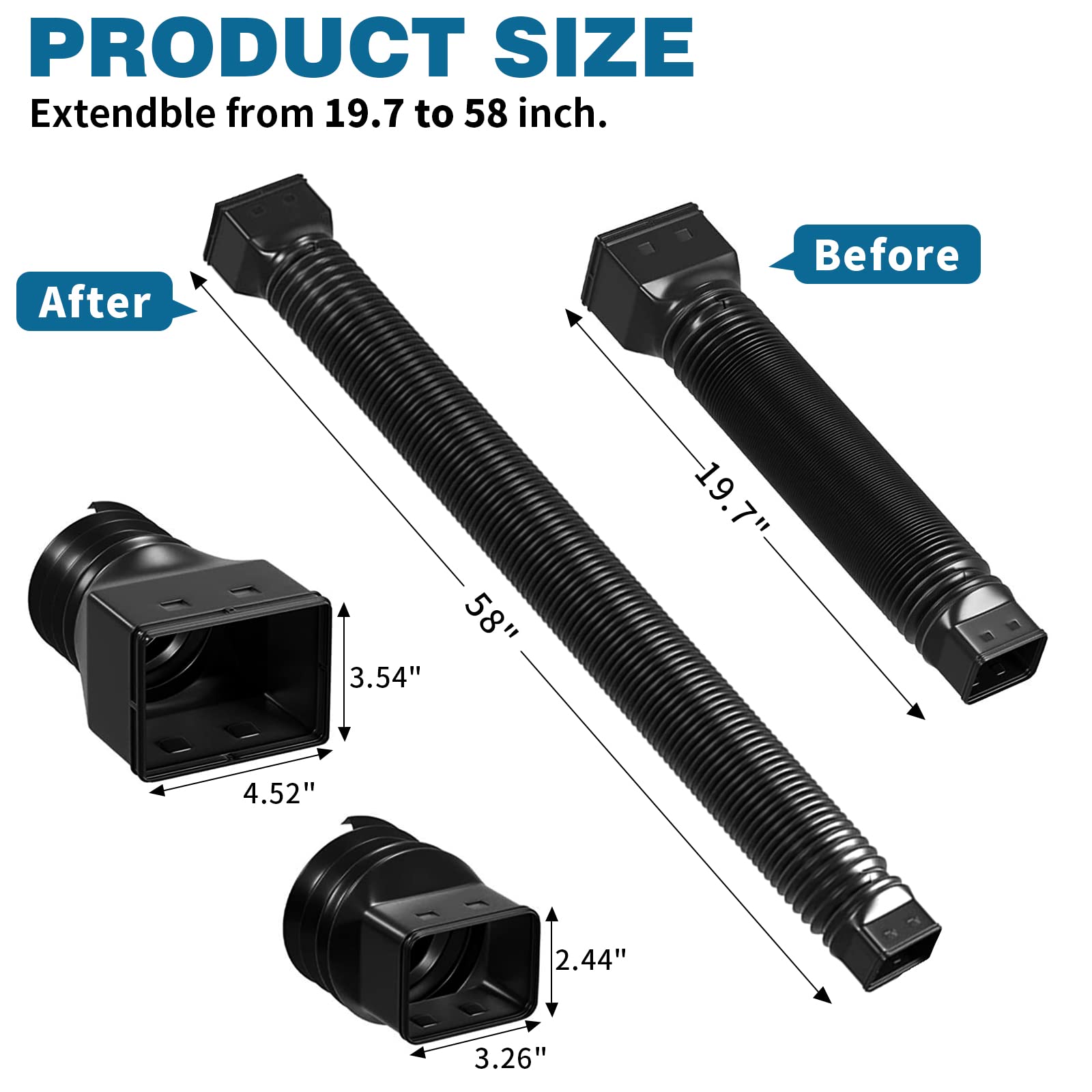 TOKPLNU Rallonge de bec de descente flexible pour gouttière - Noir - Connecteur de gouttière - Tuyau de drainage d'eau de pluie extensible de 50 à 147 cm