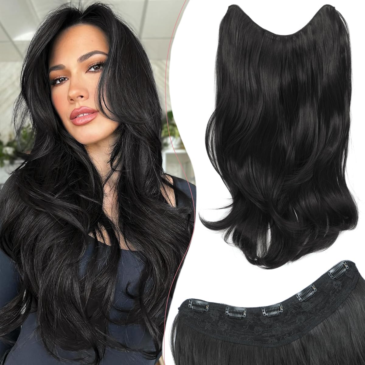 VEGALILY 1PCS Hair Extensions 20inch U-shape Clip in Hair Extension Black Hair Extensions Clip in Layered Wavy Hair Extension Synthetic Hair Pieces for women for Daily Use