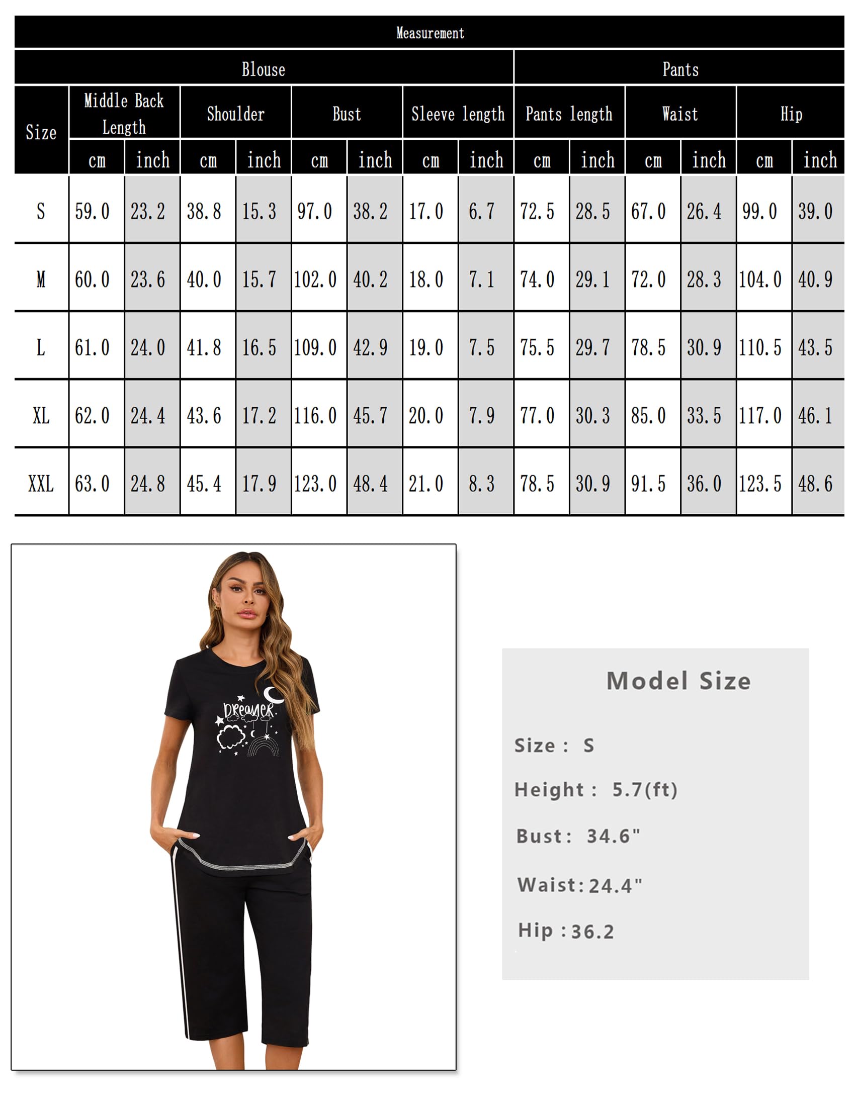 Terecey Pigiama Donna Estivo in Cotone Pigiami Due Pezzi Corto Morbido Cómodo Maglietta Stampate e 3/4 Pantaloncini con Tasca e Coulisse Regolabile para Casa S-XXL