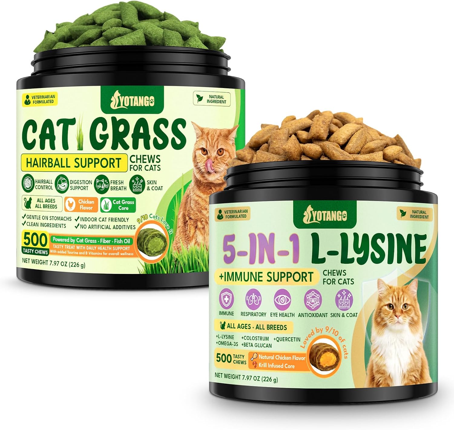 YOTANGO Cat Grass & Lysine Chews Bundle, Hairball + Immune Support