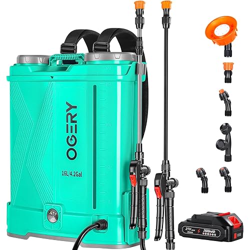 OGERY Battery Powered Backpack Sprayer 4 Gallon, 2.6Ah 21V Battery Electric Pump Sprayer with 6 Nozzles, Telescopic Stainless Steel + Plastic Wand for Lawn Garden Weed Yard Cleaning (Charger Included)