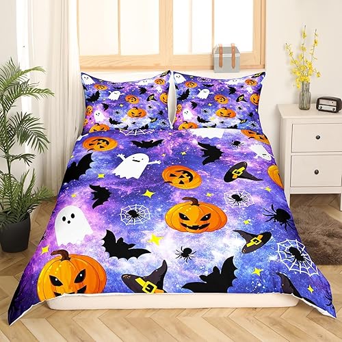 Miniatura 6 de Manfei Juego de funda de edredón de Halloween, tamaño matrimonial, con temática de galaxia, calabaza, farol, fantasmas, con 2 fundas de almohada,