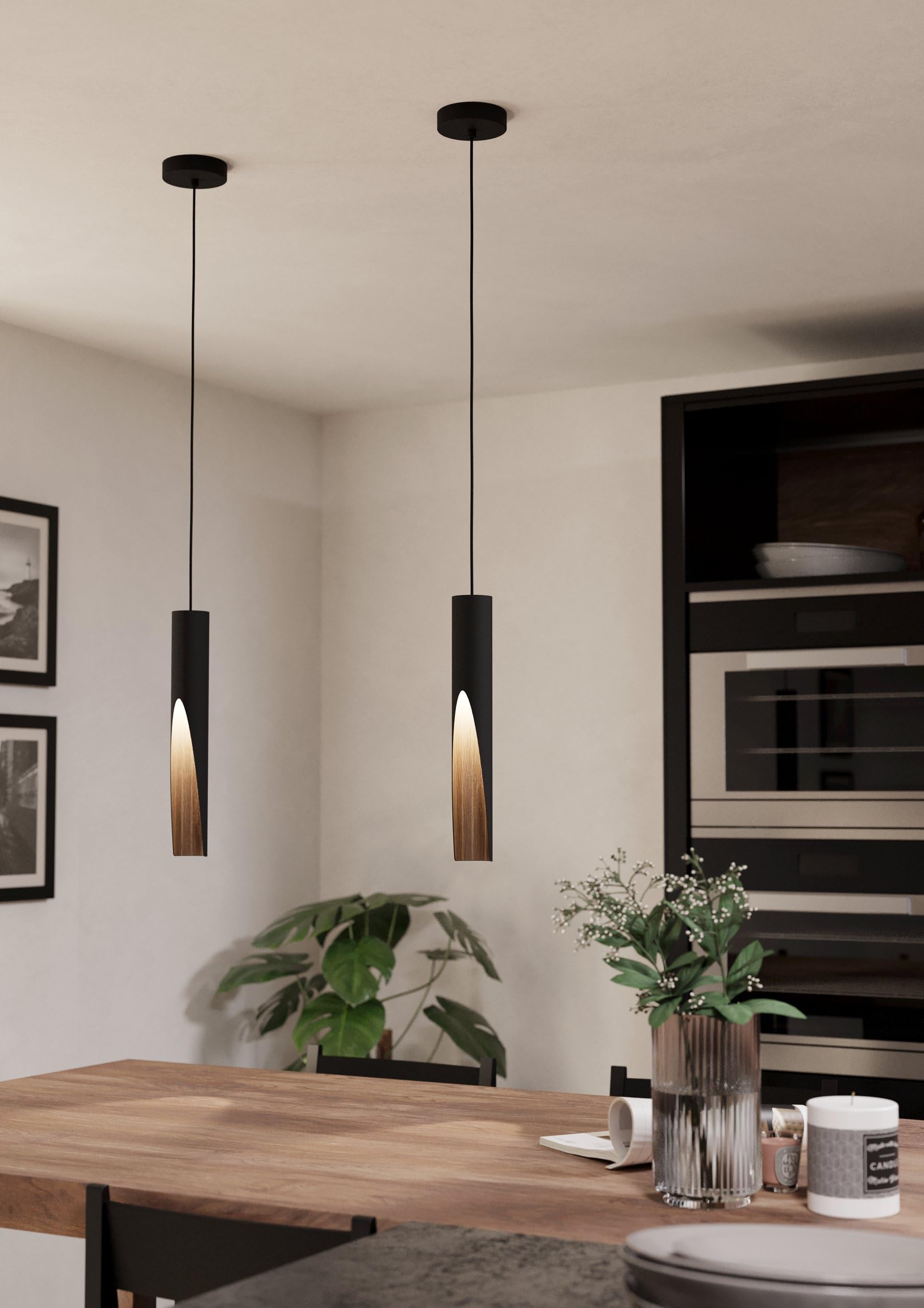 Eglo Suspension luminaire LED Barbotto, lampe de plafond suspendue pour | salon et salle à manger, éclairage indirect, métal noir et aspect bois, avec ampoule GU10, certifié FSC, blanc chaud