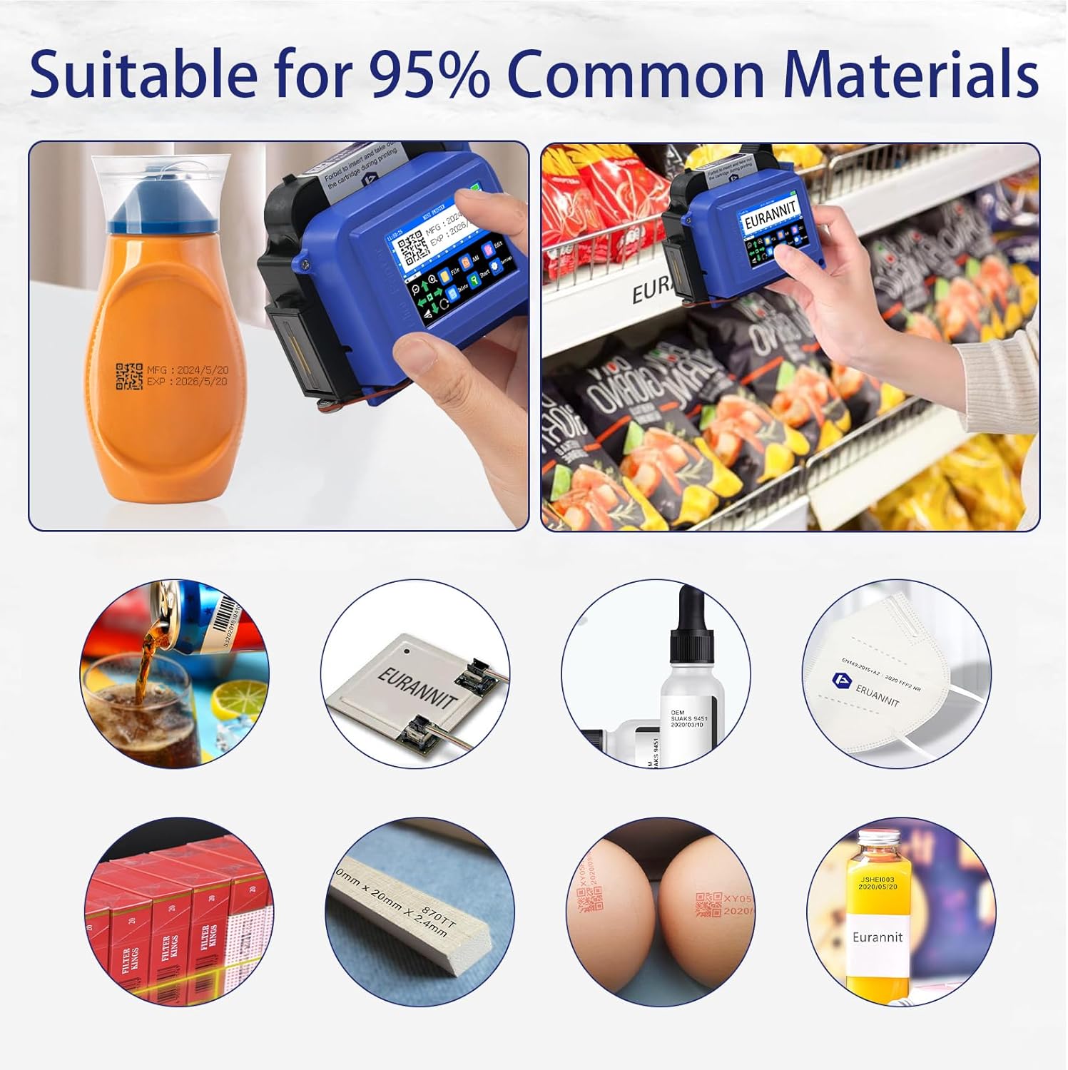 E11-1 Mini Handheld Inkjet Printer with External Conveyor Wheel & Nozzle Cap - 1" Print Height for Bottles, Curved & Flat Surfaces, Portable for Text, Date, QR Code, Includes ER521 Ink