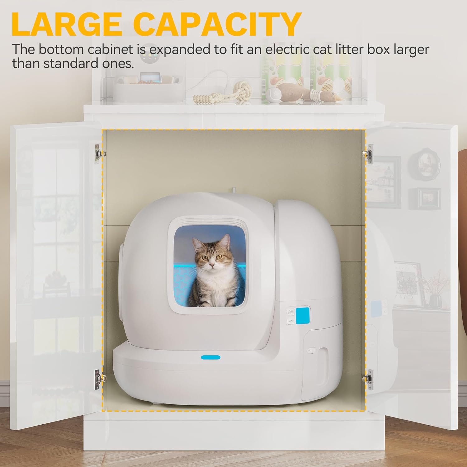 Large capacity litter box compartment with automatic litter box inside